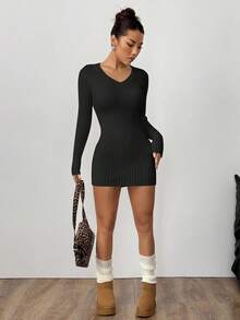 Flirla 休闲纯色修身迷你针织连衣裙，秋冬季 - 黑色 - 查看 4