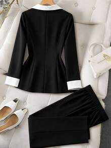 GlowEve CURVE Conjunto de 2 piezas de chaqueta y pantalones de talla grande para mujer con cuello de solapa, manga larga, doble botonadura y color contrastante, elegante para ir a trabajar - Negro - Ver 2
