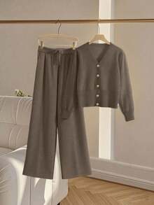 Franclia 2pcs/Set Women Casual Loose Knit Sweater & Pants Loungewear Set, Comfortable & Minimalist Design