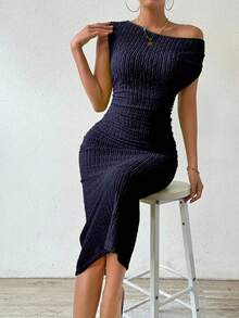 RosyDaze Women'S Oblique Shoulder Ruffled Dress Maxi Women Outfit - Navy Blue - View 3