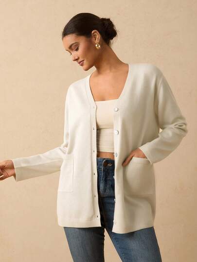 Travachic Plus Size Women Solid V-Neck Casual Button Front Cardigan Sweater In Fall/Winter