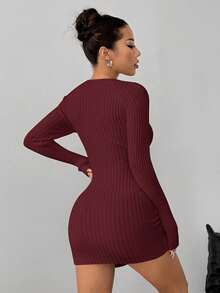 Flirla Women's Solid Color V-Neck Long Sleeve Fitted Knit Sweater Dress, Autumn/Winter - Burgundy - View 2