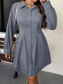 SHEIN VCAY Váy Cardigan bó eo cỡ lớn phong cách cổ điển thường ngày thu/đông - Màu xanh bụi bặm - Xem 1