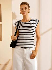 Lymera 女士基础款黑白条纹圆领短袖T恤，春夏休闲时尚 - 彩色 - 查看 6