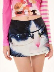 ROMWE Avant 女士可爱怪诞Y2K逼真猫咪印花低腰性感迷你裙 - 黑色 - 查看 6