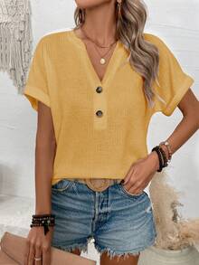 SHEIN LUNE Vacation Casual Solid Color Notched Neck Short Sleeve T-Shirt - Yellow - View 5