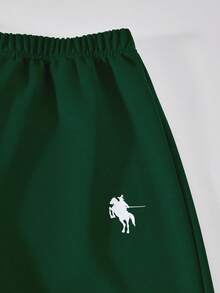 SHEIN Sparklyn 3 件套青少年女孩休闲装，包括带马图案的连帽拉链运动衫、白色背心和松紧腰直筒裤，秋季 - 墨綠色 - 查看 4