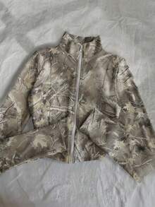 Glimmora Áo khoác nỉ in họa tiết rằn ri dáng ôm cho nữ, áo khoác dài tay có khóa kéo phong cách đường phố thường ngày cho mùa thu - trắng - Xem 1