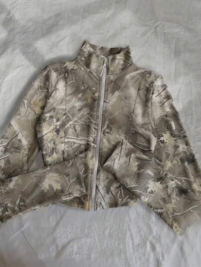 Glimmora Women's Slim Fit Camouflage Print Fleece Jacket, Casual Street Style Zip-Up Long Sleeve Coat For Autumn