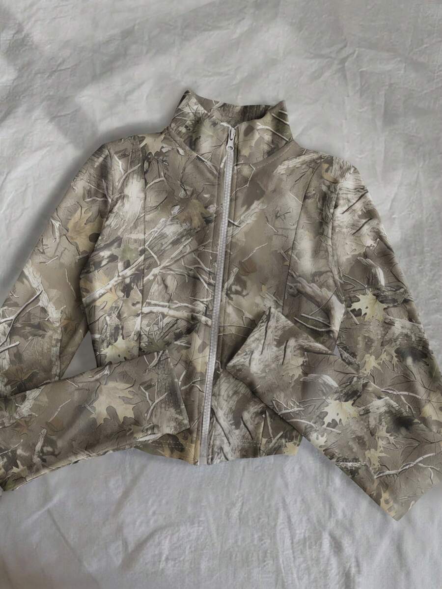 Glimmora Áo khoác nỉ in họa tiết rằn ri dáng ôm cho nữ, áo khoác dài tay có khóa kéo phong cách đường phố thường ngày cho mùa thu - trắng - Xem 1