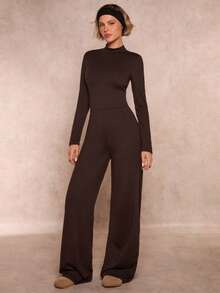 SHEIN Glamour Tuta elegante e minimalista in maglia marrone con collo alto elastico, maniche lunghe e schiena aperta, adatta per feste serali e raduni