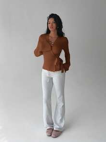 SHEIN MOOSTA Áo khoác cardigan buộc chéo phía trước đơn sắc tối giản thời trang hàng ngày đa năng dành cho nữ - màu nâu - Xem 6