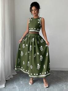 Elenzga 女士花卉印花圆领无袖上衣和百褶迷你裙两件套，时尚 - 軍綠色 - 查看 6