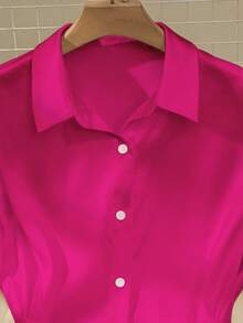 GlowEve 女士纯色长袖单排扣休闲通勤衬衫 - 玫紅色 - 查看 4