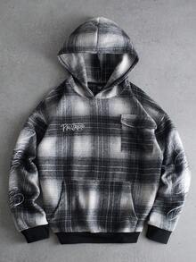 PAVTROS Men's Letter Embroidery Plaid Pocket Casual Loose Hoodie Acid Wash Hoodie Motorcycle Hoodie Grunge Hoodie Cropped Graphic Street Hoodie Men's Flannel Hoodie Men - Multicolor - View 3