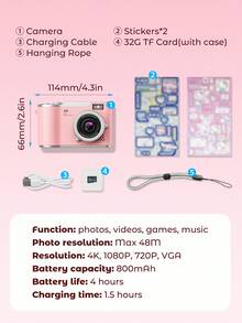 Teckwe 1 Pc 48 Mega Pixels 2.4 Inch Rotating Screen Digital Camera , Rechargeable Camera Ccd With 32g Memory Card & Multiple Filter Modes. Portable Anti-Shake Smart Zoom Portable Camera For Outdoor