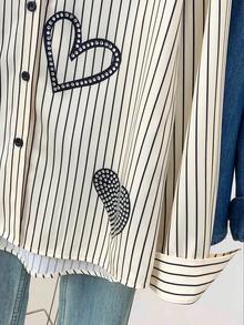 Resyla Áo sơ mi sọc in hình trái tim mới dành cho nữ, trang phục xuân/thu - Nhiều màu - Xem 5