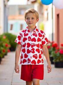2pcs/Set Young BoyValentine's Day Heart Print Shirt And Shorts Set, Suitable For Valentine's Day Party And Other Occasions Boys Love Shirt Kids Red And White Outfit Red And White Shirt Kids Boys Heart Print Shirt Boys Red Shorts Set - Red - View 1