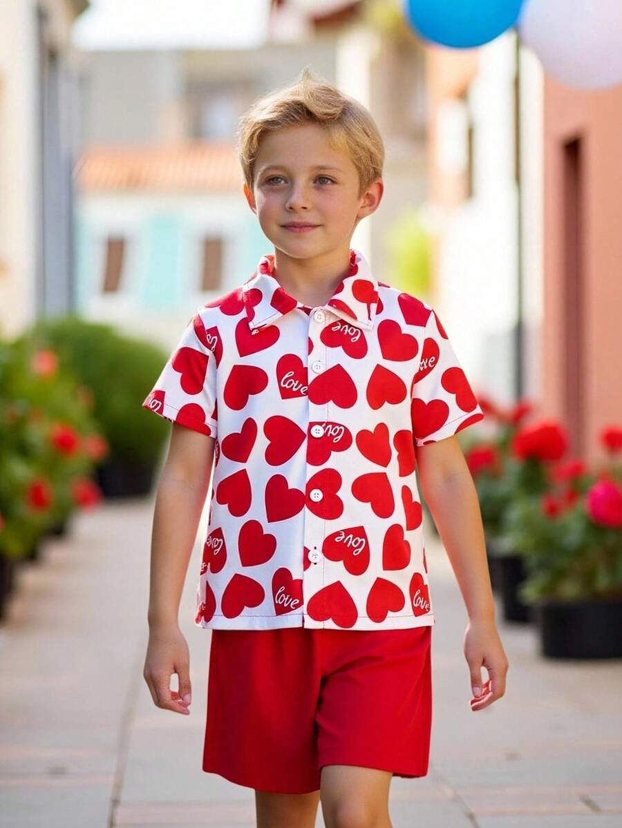 2pcs/Set Young BoyValentine's Day Heart Print Shirt And Shorts Set, Suitable For Valentine's Day Party And Other Occasions Boys Love Shirt Kids Red And White Outfit Red And White Shirt Kids Boys Heart Print Shirt Boys Red Shorts Set - Red - View 1