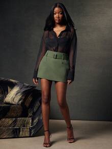 NYA SZN Skirt Mini Length Fitted Belt Buckle Streetwear Grunge Chrome Ibiza Cool Girl Holiday Gyaru Faux Leather Fall Winter Statement Valentines Day Carnival Outfits For Women - Green - View 3