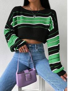 SHEIN Unity Suéter holgado de punto de cuello redondo de manga larga con rayas y corte cropped - Multicolor - Ver 5