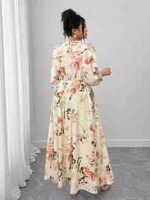 Elenzga 大码女式优雅波尔卡圆点印花V领荷叶边下摆长袖连衣裙 - 彩色 - 查看 2