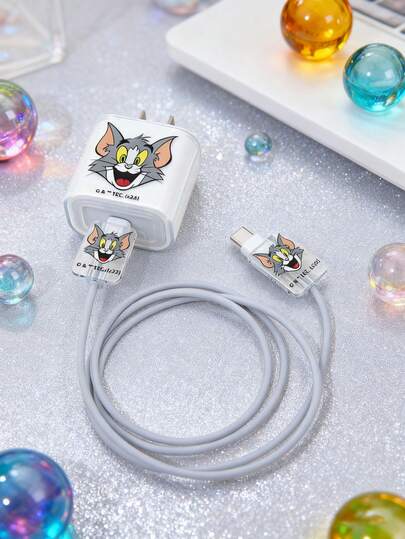 SHEIN 3 Pieces Set, Cute Cat And Mouse Cartoon Data Cable Protection Set, Suitable For IPhone Charger, Mobile Phone Data Cable Protection Case, Charger Protection Case (Data Cable Not Included),Compatible With 18/20W Apple Chargers