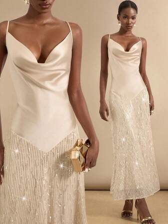 SHEIN Veneréa Women's Solid Color Plunging Neck Dress With Sequin Fringe Trim