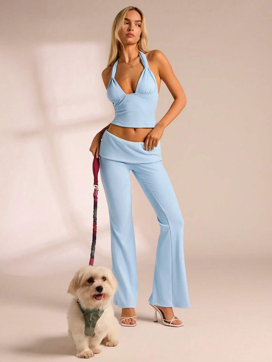 Glamine Damen Hellblau 2 Stücke Set Sommer Strick Crop Top und Schlaghose, Streetwear Y2k Activewear für Yoga, Pilates, Alltag lässig Outfits - Blau - Übersicht 1