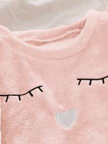 Tween Girl Plush Flannel Long Sleeve Pajama Set Pajama Pink Tween Girls Pajamas-Pajama Set Soft Fleece Heart Eyelash Embroidery Crew Neck Long Sleeve Top Pants Pink Warm Homewear Fall Winter Comfortable Sleepwear 2026 New Year Essential - Baby Pink - View 7