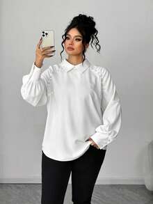 Elenzga Plus Size Asymmetrical Cut-Out Pleated Decor Button Down Long Sleeve Loose Blouse, Elegant For Outings, Commute, Dates, Gatherings - White - View 3