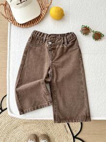 Baby Girls Loose Asymmetrical Waistband Brown Denim - Coffee Brown - View 6