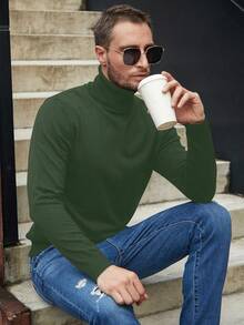 Manfinity Homme Men's Solid Color High Neck Raglan Sleeve Casual Minimalist Sweater - Army Green - View 5