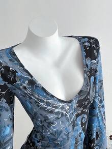 Elamini 女士短款针织连衣裙，波西米亚风腰果花图案，蕾丝拼接，喇叭长袖，休闲/日常通勤 - 藍色 - 查看 5