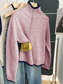 Franclia French Retro Loose High Neck Long Sleeve Contrast Trim Knit Pullover Sweater For Women, Autumn/Winter - Pink - View 4
