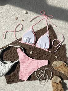 Swim Mod Solid Color Textured Halter Neck Split Swimming Suit, Bikini Set, Summer Beach - Baby Pink - View 2