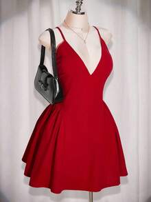 SHEIN ICON Plus Size Women's Solid Red Mini A-Line Peplum Deep V-Neck Sexy Elegant Waist Backless A-Line Dress, Party Dress, Christmas, Banquet, Date, Valentine's Day/Winter - Red - View 1