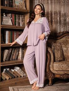 SHEIN Contrast Color Lace V-Neck Embroidered Trim Top & Pants Women Sleepwear Pajama Set, Winter Clothes