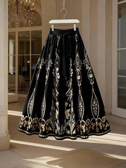 EMERY ROSE Plus Size Women's Waist Tie Floral Print Elegant A-Line Skirt