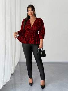 Elenzga Women's Elegant Leopard Print Red V-Neck Fitted A-Line Three-Quarter Sleeve Plus Size Shirt, Suitable For Everyday Wear, Parties, New Year's, Christmas, Holidays, And Valentine's Day. - Red - View 2