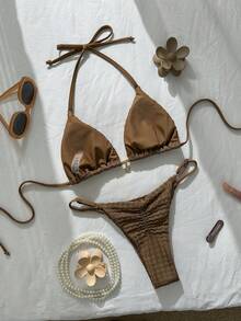 Swim Mod Women's Summer Solid Cream Yellow Jacquard Fabric Star Decor Halter Bikini Set