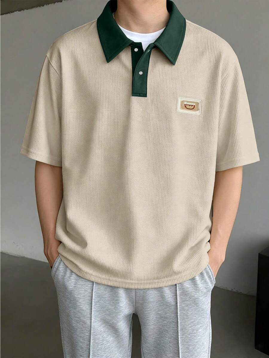 Claim Dot 男士字母刺绣撞色短袖休闲通勤 Polo 衫 - 杏色 - 查看 1