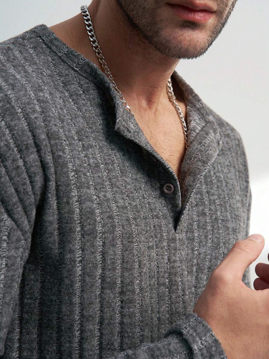 Airaco 男士休闲罗纹四分之一扣长袖T恤，秋季款 - 深灰色 - 查看 1