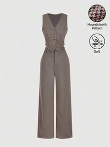 SHEIN MOD 两件套：千鸟格纹休闲背心和裤子，通勤风格 - 棕色 - 查看 2