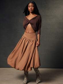 NYA SZN Skirt High Rise Bubble Brown Chic Elegant Event Party Casual Holiday Festival Midi Length Winter Carnival Outfits For Women - Coffee Brown - View 7