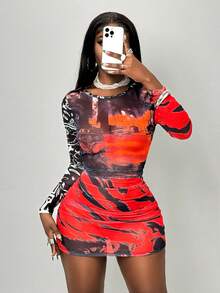 BamGleam Women's Fashion Sexy Printed Mesh Mini Dress - Red - View 5