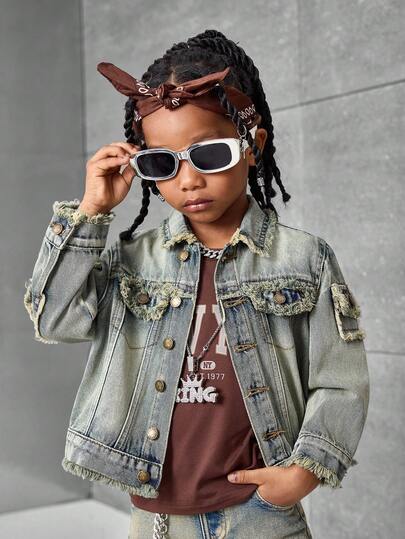 Young Boy Vintage Urban Street Retro Raw Edge Patchwork Blue Denim Lapel Long Sleeve Loose Jacket, Fall Winter,Dailywear,Streetwear,Christmas,New Year,Thanksgiving,Stylish,Winter,Warm Jacket,2000s Stylish Jacket