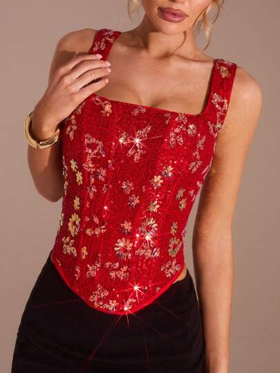 Glamine Women's Floral Sequin Asymmetric Hem Fashion Tank Top Red Sequin Top Corsets Women Tops Corset Top Dress Red Lace Top Christmas Party Dress