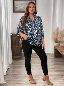 EMERY ROSE Camisa de manga media con estampado de leopardo talla grande - Azul Marino - Ver 3