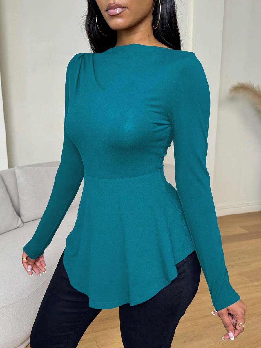 Zolique Solid Black Off Shoulder Ruffle Hem Slim Fit Long Sleeve Women T-Shirt, Black Top, Fall Clothes, Fall Women Outfits, Flared - Navy Blue - View 1